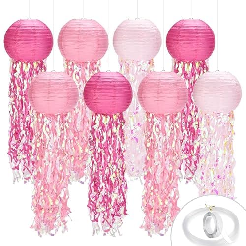 8pack Pink Jellyfish Party Decorations,Jellyfish Lantern Hanging,with Tape and String,Mermaid Birthday Decorations for Birthday,Mermaid,Baby Shark,Ocean Themed Party Supplies - Image 1