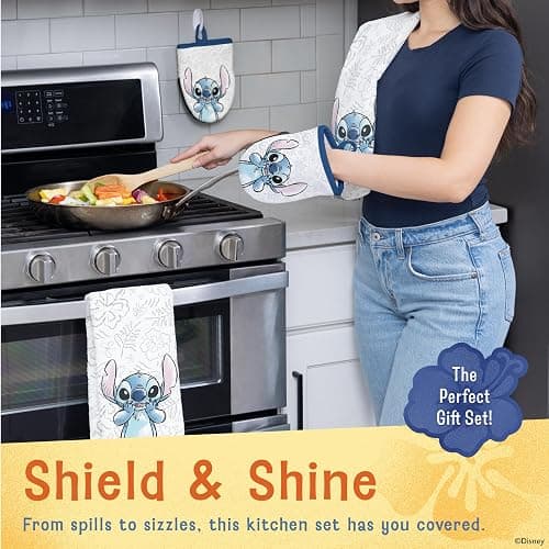 Disney Kitchen Towels & Oven Mitts Set – 4 Piece Bundle with 2 Cotton Dish Towels/Hand Towels & 2 Heat Resistant Mini Oven Mitts (Pot Holders) – Mickey, Stitch & Pooh (Stitch) thumbnail 2