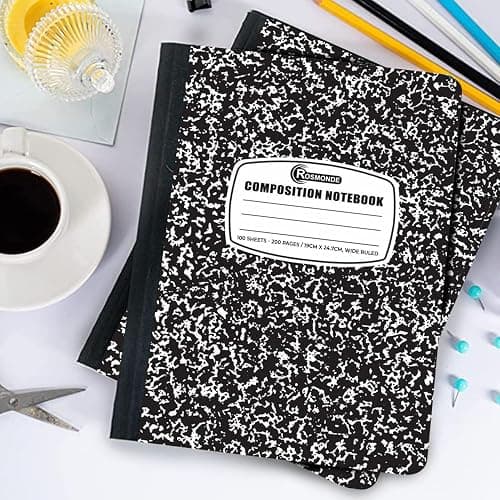 Rosmonde 12 Pack Composition Notebook Wide Ruled Bulk, 200 Pages (100 Sheets), 9-3/4 x 7-1/2", Hard Cover Wide Ruled Notebook Bulk, Black Marble Composition Notebooks, Bulk School Notebooks thumbnail 9