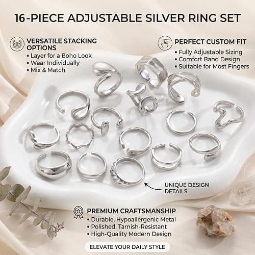 17KM 16 PCS Silver Chunky Rings Set for Women, 14k Silver Plated Thick Dome Stackable Open Rings Trendy Dainty Minimalist Jewelry Gifts thumbnail 9