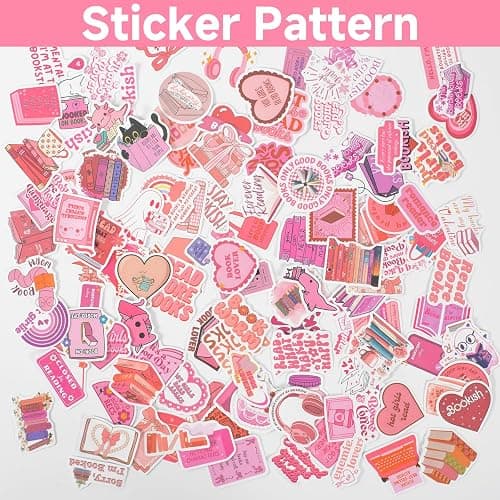 Zoruam Bookish Pink Cartoon Waterproof Reusable Stickers, 120pcs for Kindle, Scrapbook, Water Bottles, Laptops (120 Pink) thumbnail 4