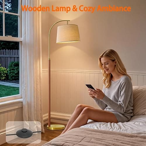 G-SAFAVA 62.5" Wood Floor Lamp for Living Room Gold with Foot Switch Arc Standing Tall Lamps for Bedroom Mid Century Modern Corner Floor Lamps for Office Nursery Industrial Reading Light Room Lamp thumbnail 5