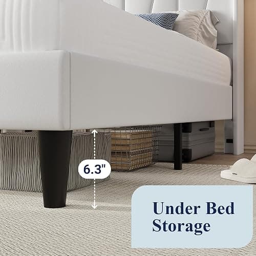 Allewie Full Size LED Bed Frame with Charging Station, Velvet Upholstered Platform Bed with Geometric Wingback Headboard, Modern Frame with No Box Spring Needed, Easy Assembly, White thumbnail 8