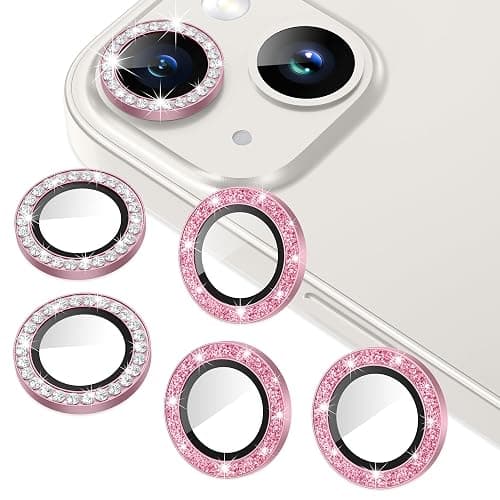 AGVEE 3+3 6 Pack for iPhone 14/14 Plus Camera Lens Protector Cover | Individual Bling Diamond & Bling Glitter Sparkle Cute Gem Metal Ring, 9H Tempered HD Glass - Image 1