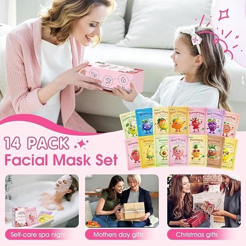 14 Pack Fruit Face Masks Skincare for Kids, Sheet Hydrating Facial Mask | Suitable All Skin Types, Bulk Collagen Face Mask for Women Skin Care, Birthday Party Spa Gifts for Teens Girls thumbnail 6