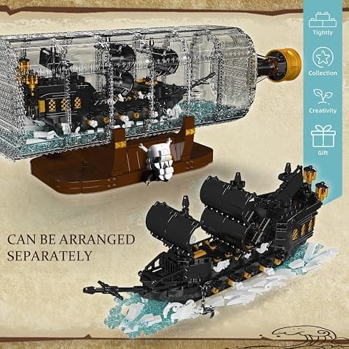 Mould King 10065 Drift Bottle with Black Pearl Ship Building Blocks Set, Pirate Ship in Bottle Model Building Kit with Display Stand, Collectible Bottle Toy for Adults (2206 Pieces) thumbnail 2