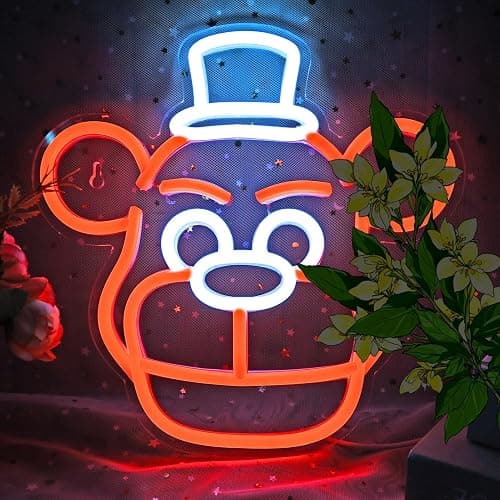 Cute Five Nights Bear Neon Sign, Anime Neon Light for Wall Decor Bedroom, Children's Room, Birthday, Festival Decorations, USB Powered Orange Color White, 11.8inch x 11.8 inch - Image 1