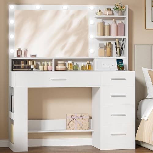 HEXCELEN Vanity Desk, with LED Light, Makeup Vanity with Mirror, Dressing Table with Power Strip, 6 Shelves, 5 Drawers and Open Side Storage, Simple, White - Image 1