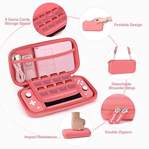innoAura Switch Lite Case 18-in-1 Accessories Bundle for NS Switch Lite (2019), with Protective Carrying Case, Game Holder, Screen Protector & Cute Thumb Grips, Coral thumbnail 4