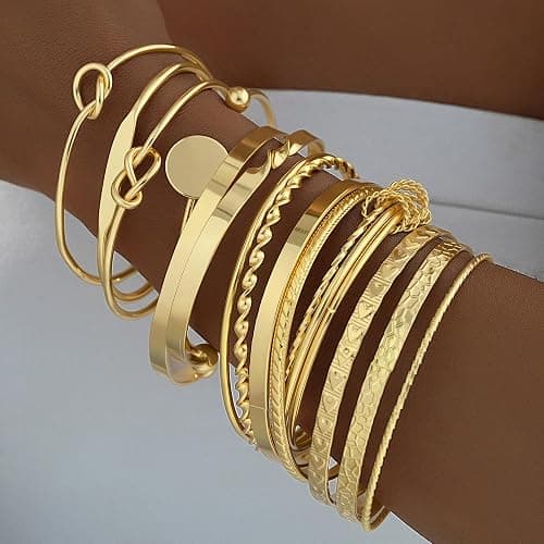 FAXHION Gold Bangle Bracelets for Women, 14 Pcs Multi Layer Stackable Bangle Set, 14K Gold Plated Textured Chunky Bracelets Boho Jewelrys Set thumbnail 3