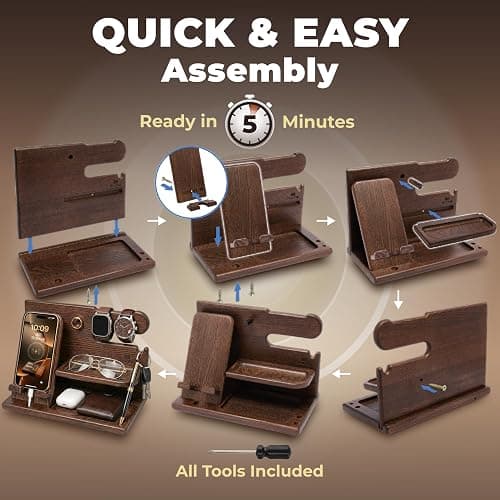 TESLYAR Wood Phone Docking Station for Men - Desk or Nightstand Organizer - Birthday Gifts for Husband, Dad - Anniversary Idea from Wife - Key Holder, Stand Wallet, Watch & Essentials (Bourbon Brown) thumbnail 6