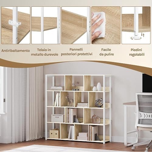 eSituro Scaffale per Libri, Scaffale con 14 Cubi in 4 Livelli, Unità di Stoccaggio Moderna per Soggiorno/Camera da Letto/Ufficio, Legno Ingegnerizzato, Effetto Rovere Chiaro+Bianco, 120x30x120cm thumbnail 6