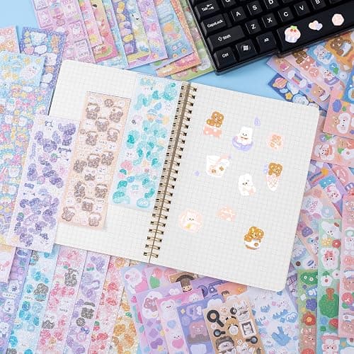 HINZIC 60 Sheets Korean Stickers Kpop Deco Stickers for Photocard Self Adhesive Colorful Stickers Cute Korean Stickers with Rabbit Bear Flower Cake for DIY Arts Craft Cards Scrapbooking Valentine Gift thumbnail 7