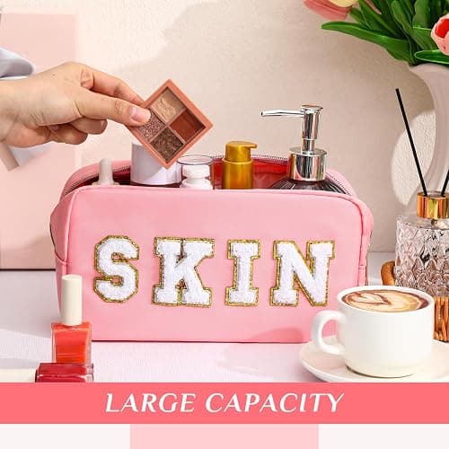 Remerry 4 PCS Nylon Cosmetic Bags Waterproof Spacious Travel Makeup Organizer for Women Chenille Letter Preppy Zipper Pouch Face Stuff Skin Hair Organizer Gift(Pink) thumbnail 4