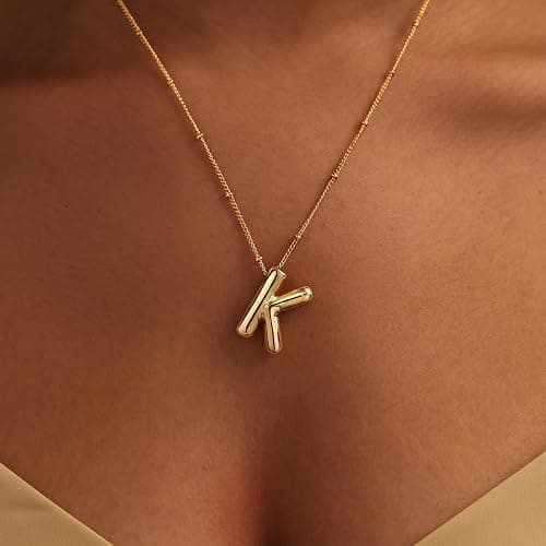 Inerney Gold Bubble Letter Necklace Initial Necklaces for Women, Chunky 14K Plated Balloon Initials, Trendy Charm Non Tarnish Custom Name Pendant Jewelry Gifts for Mom thumbnail 2