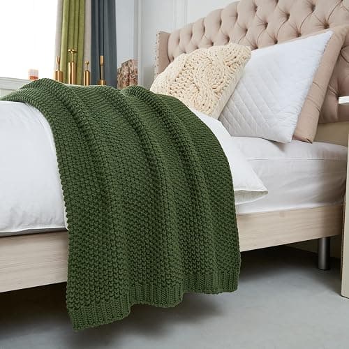 Longhui bedding Chunky Cable Knit Throw Blanket Lightweight Olive Green 100% Organic Cotton Blanket for Sofa Couch Bed Baby Nursery, Rustic Shabby Chic Modern Farmhouse, 51” x 63” Give Laundering Bag thumbnail 8