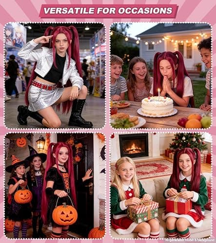 Hot Pink Cosplay Wig for Kids with 2 Ponytails, Long Straight Synthetic Wig | Synthetic anime-style wig for Halloween,carnival,costume parties, cosplay role play,and themed dress-up events thumbnail 7