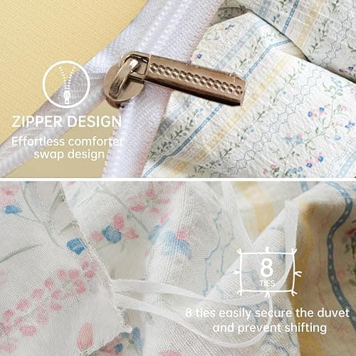 BOLINLIVING Vintage Floral Duvet Cover Twin Size,Kids Girls Blue Striped Flower Duvet Cover Set with Pillowcase, Soft Microfiber Bedding Set for All Season with Zipper Closure and 8 Corner Ties thumbnail 4