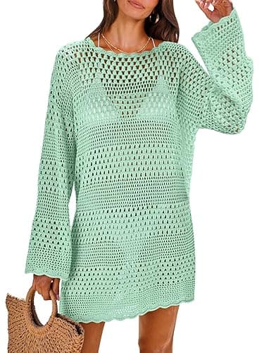 ANRABESS Women Swimsuit Crochet Swim Cover Up 2025 Summer Bathing Suit Swimwear Mesh Knit Beach Dress Vacation Outfits - Light Green - Small