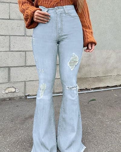 PEIHOT Vintage Bell Bottoms Flare Jeans for Women 90s High Waist Ripped Distressed Wide Leg High Rise Denim Pants thumbnail 2