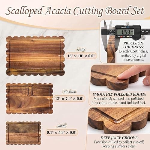 3 Pcs Acacia Wood Scalloped Cutting Board Set, Decorative Cutting Boards Bread Charcuterie Board for Cottagecore Kitchen Grandmillenial Decor Cheese Meat Fruit Bread Chopping Blocks (Classic Style) thumbnail 3