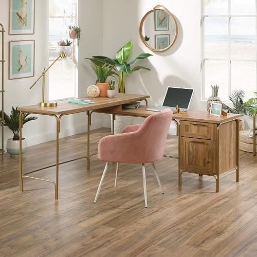 Sauder Coral Cape Corner Desk, Spacious Desktop and File Drawer, L Shaped Office Desk - Sindoori Mango Finish thumbnail 2