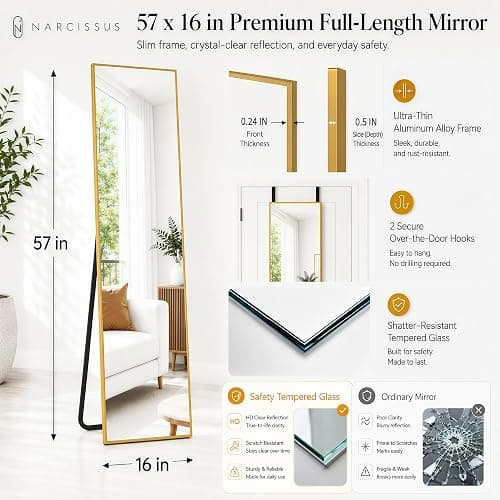 NARCISSUS Full Length Mirror 57x16 Inch, Over The Door Mirror with Stand, Wall Mounted or Freestanding/Door Hanging Full Body, Aluminum Alloy Frame, Gold thumbnail 2