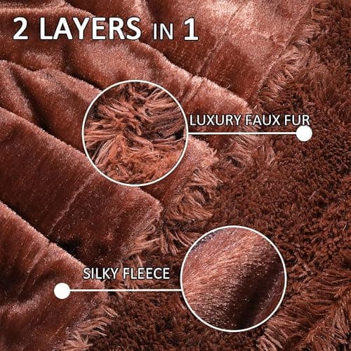 YUSOKI Long Faux Fur Throw Blanket for Sofa Couch,2 Layers,2.1lb,All Ages,Home Decoration, (Brown,50" x 60") thumbnail 2