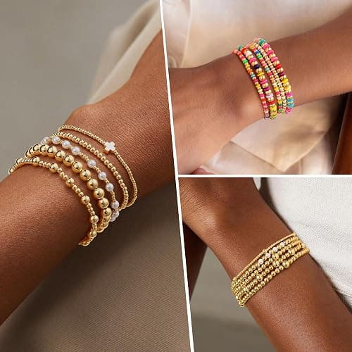 M MOOHAM Gold Beaded Bracelets Set for Women Teen Girls - Dainty 14K Gold Plated Beaded Pearl Cross Bracelet Stack for Women Trendy Non Tarnish Adjustable Stretch Jewelry Gifts thumbnail 6