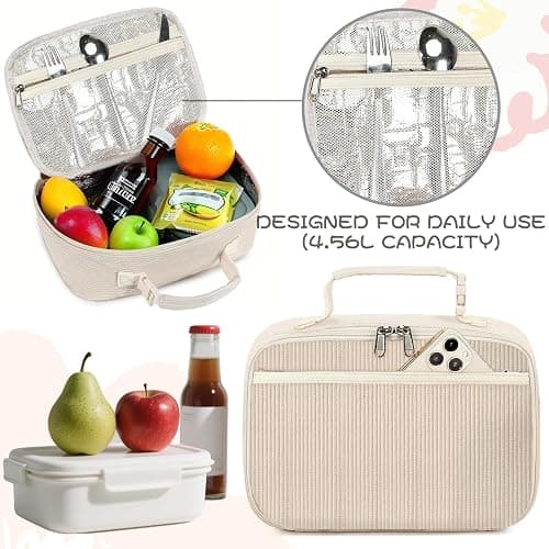 GODWOODS Cute Lunch Bag for Women & Men Corduroy Small Lunch Box with Cooler & Organizer Compartments Insulated Lunch Tote Bag for Travel Work (Beige) thumbnail 4