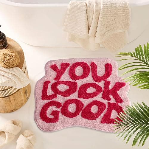 Urtlmaji You Look Good Bath Mat Bathroom Rugs Funny Cute Bath Rugs Non Slip Microfiber Plush Preppy Small Cool Shower Rug Washable Absorbent Floor Mat for Bathtub Sink 25"x21" Red & Pink thumbnail 6
