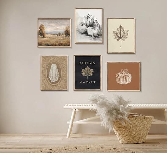 6Pcs Fall foison Pumpkin Wall Art Retro Country Autumn Maple Leaf Poster Prints Halloween Ghost Canvas Picture Wall Decor for Autumn Gallery Living Room Bedroom 8x10in Unframed thumbnail 6