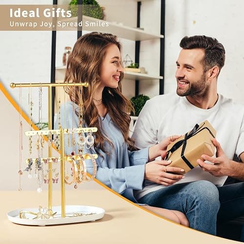 Elegant Jewelry holder Organizer 2-Tier Display Storage Stand for Earrings Necklaces with Ring Tray Spacious and Durable, Easy to Assemble White & Gold thumbnail 7