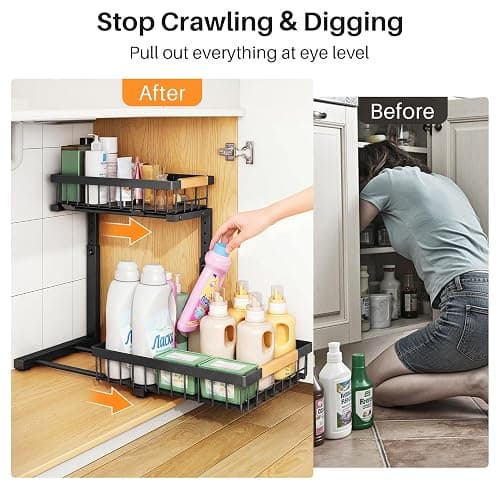PXRACK Under Sink Organizer, Adjustable Height, 2 Tier Pull Out Under Cabinet Organizer, Slide Out Thickened Metal Under Sink Storage for Kitchen Bathroom Laundry Pantry Cabinet, Black, Large-2-Pack thumbnail 4