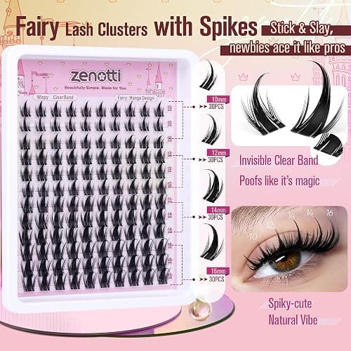 Manga Lash Clusters with Spikes Anime Lashes Cluster Natural Cluster Eyelash Extensions Wispy Spiky Fairy Individual Lashes Invisible Clear Band DIY Lash Extensions 10-16MM 120PCS by zenotti thumbnail 3