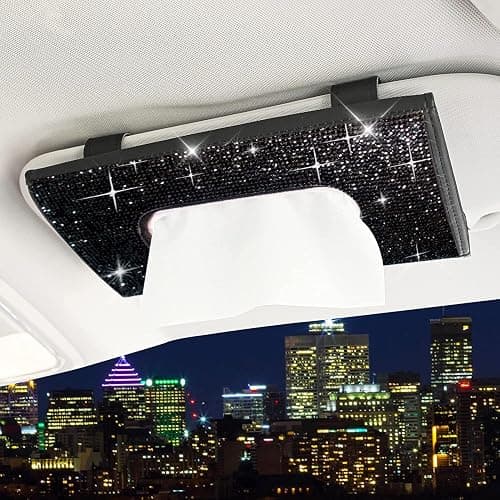 ChuLian Bling Bling Car Visor Tissue Holder | PU Leather Crystals Paper Towel Cover Case & Glitter Sunglasses Clip for Women Black Diamond - Image 1