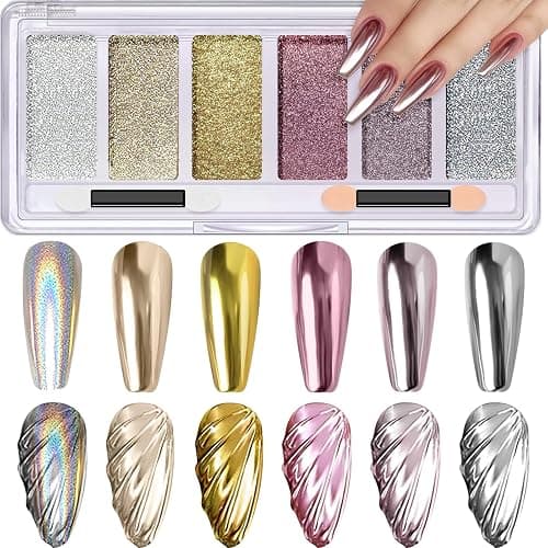 Gold Silver Chrome Nail Powder, DRMODE 6 Colors Metallic Mirror Effect Pink Light Purple Champagne Chrome Powder for Nails, Unicorn Iridescent Holographic Pigment Dust for Nail Art - Image 1
