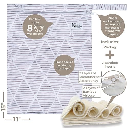 Nora's Nursery Cloth Diapers 7 Pack with 7 Inserts & 1 Wet Bag - Waterproof Cover, Washable, Reusable & One Size Adjustable Pocket Diapers for Newborns and Toddlers - Earthy Boho thumbnail 7