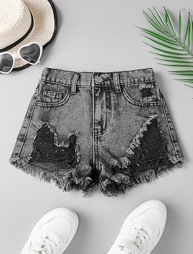 oyyniis Girls Jean Shorts Ripped Raw Hem High Waist Cute Summer Y2K Distressed Denim Shorts for Teen Girls 8-14Y thumbnail 2