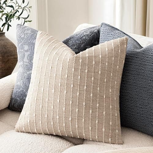 Foindtower Pack of 2 Decorative Jacquard Boucle Throw Pillow Covers Accent Textured Striped Pillowcases Soft Boho Modern Cushion for Couch Sofa Bedroom Living Room Home Decor 20x20 Inch Natural Beige thumbnail 5