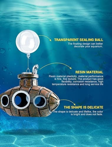 Floating Fish Tank Decoration, Little Cute Retro Submarine Aquarium Decoration with Two Float Balls, Resinous Fish Tank Accessorie, Safe Fish Toy for Betta Cichlid Goldfish Shrimps Hermit Crabs thumbnail 4