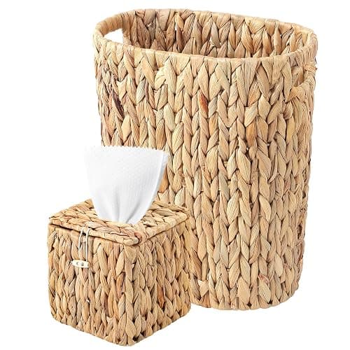 Wicker Trash Can and Square Tissue Box Cover, 4 Gallon Water Hyacinth Bathroom Trash Can, Handwoven Napkin Holder, Narrow Small Waste Basket, Rustic Decorative Home Set for Bedroom,Office (Khaki) - Image 1
