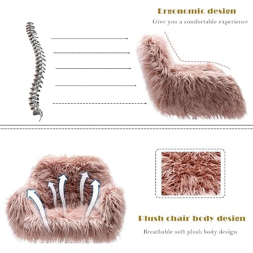 KCC Fluffy Office Desk Chair, Faux Fur Modern Swivel Armchair with Wheels, Soft Comfy Fuzzy Elegant Accent Makeup Vanity Chairs for Women Girls, Home Living Dressing Room Bedroom, Pink thumbnail 5
