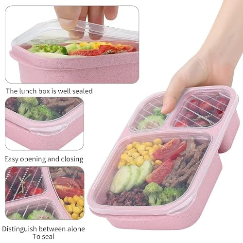 buluker 4 Pack Bento Lunch Box Set 3 Compartment Food Storage Containers Wheat Straw Meal Prep Lunch Box Plastic Food Storage Containers, Microwave and Dishwasher Safe (light colour) thumbnail 4