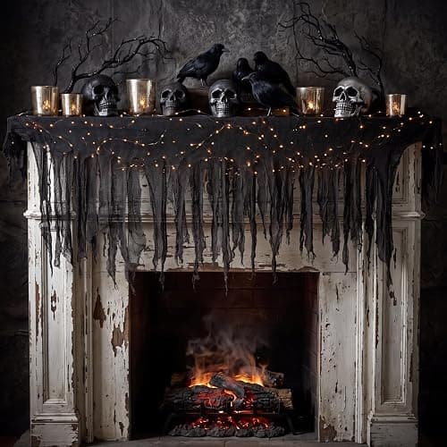 Breling 2 Pcs Halloween Creepy Cloth Black Cloth 98" x 35" Spooky Creepy Gauze with 18.04 ft String Lights Hanging Spooky Decor for Halloween Party Supplies Fireplace Window Table Doorways Decor thumbnail 2