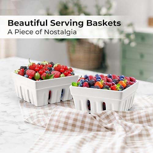 MIAMIO - Ceramic Berry Basket Set of 2 / Cute Kitchen Fruit Bowl with Draining Holes/Strawberry Storage Container thumbnail 3