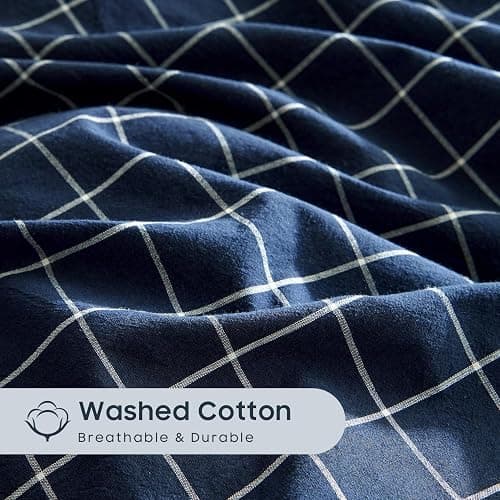 Wake In Cloud - Grid Cotton Duvet Cover Set, Plaid Checkered Geometric Farmhouse, 100% Washed Cotton Textured Bedding Set, 3 Pieces, Navy Blue, Twin/Twin XL Size thumbnail 6