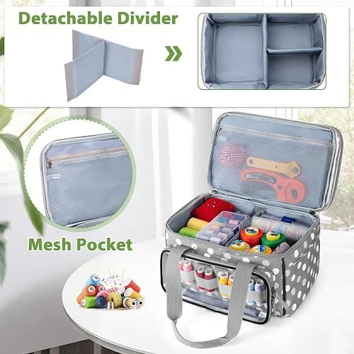 LUXJA Double-Layer Sewing Storage Organizer with Transparent Compartment, Large Sewing Organizer Bag with Detachable Divider for Sewing Supplies (Bag Only), Polka Dots thumbnail 3