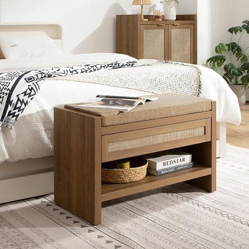 SICOTAS Rattan Shoe Bench Entryway Bench with Storage Drawer and Linen Seat Cushion, Farmhouse Boho Shoe Rack with Shelf, Wooden Storage Bench for Entryway Hallway and Bedroom, Caramel Oak thumbnail 8