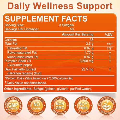 Pumpkin Seed Oil with Saw Palmetto, 3500mg Max Strength per Serving, 150 Softgels, Cold-Pressed with Essential Fatty Acids & Phytosterols, Supports Immune, Hair, Bladder & Prostate Health thumbnail 6